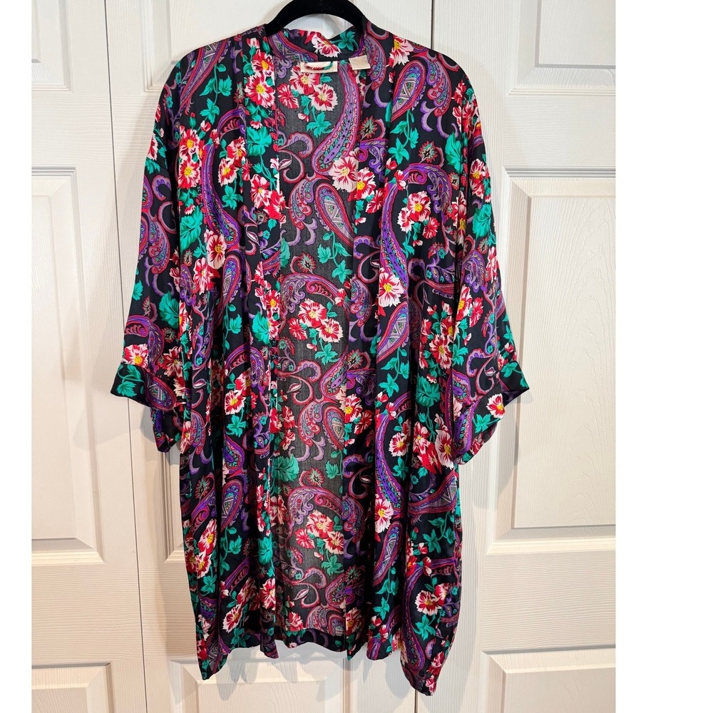 VTG Robinsons Womens Multicolor Paisley Silk Kimono Robe SMALL Boho Maximalist